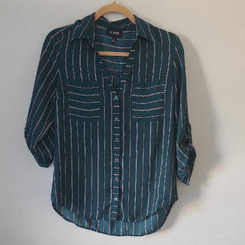 A. Byer Teal Striped Green Women's Top S